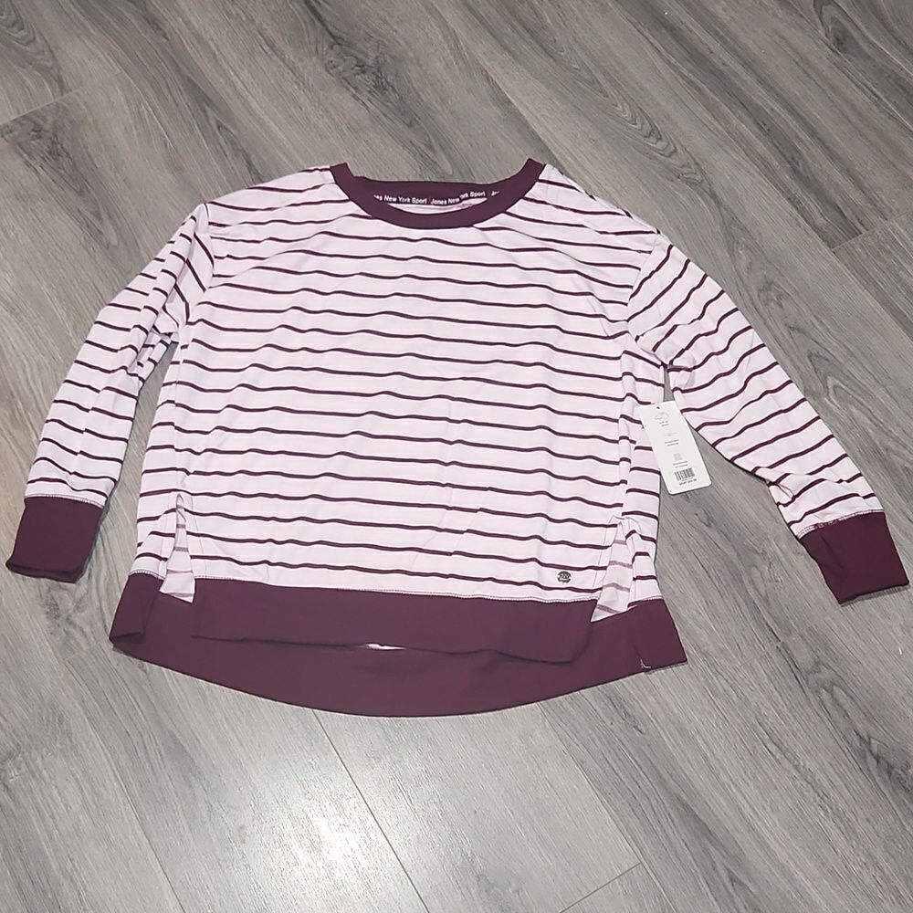 NWT Jones New York Sport Striped Burgundy Crewnwck Sweatshirt
